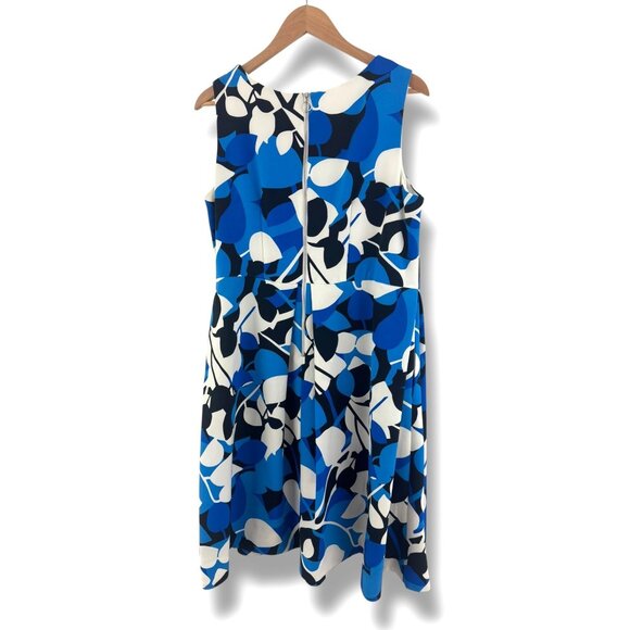Just Taylor Blue Black White Leaf Print A-Line Dress w/ Pockets Size 14W 1X Plus - Picture 4 of 7